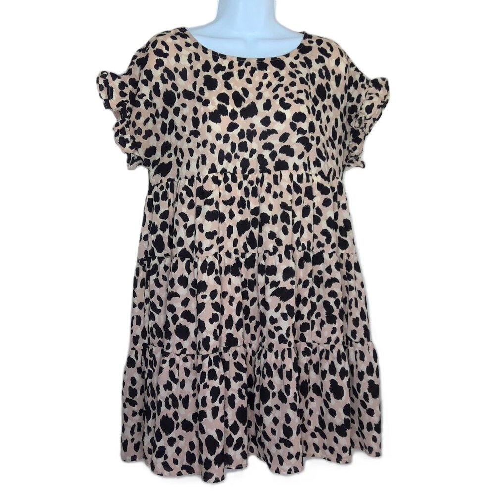 Everly Babydoll Mini Dress Tunic Ruffled Tiered Cheetah Animal Print Lined EUC M